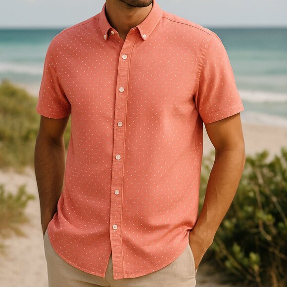 Paper Denim & Cloth Coral Polka Dot Short Sleeve Button Down Shirt Sz M Slim Fit - Picture 2 of 10